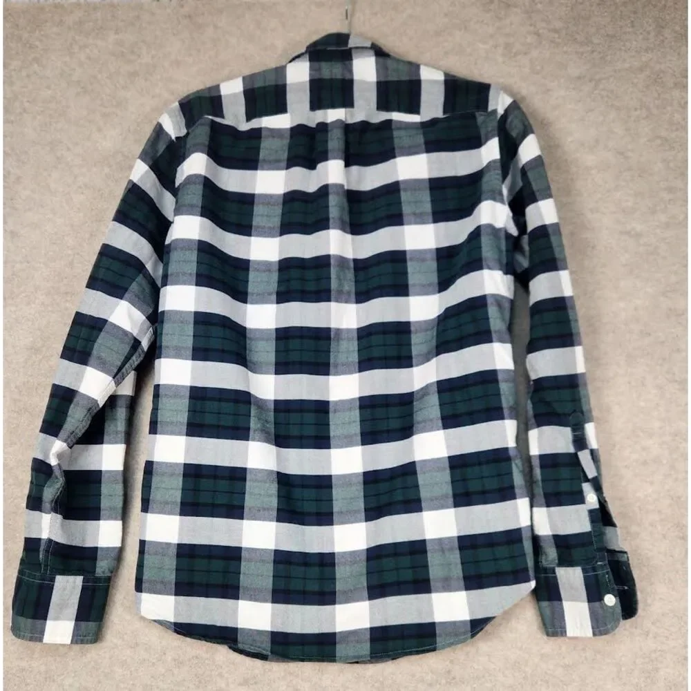 J. Crew Men's Plaid White-Navy-Green Flannel Shirt Size Small Preppy Outdoors